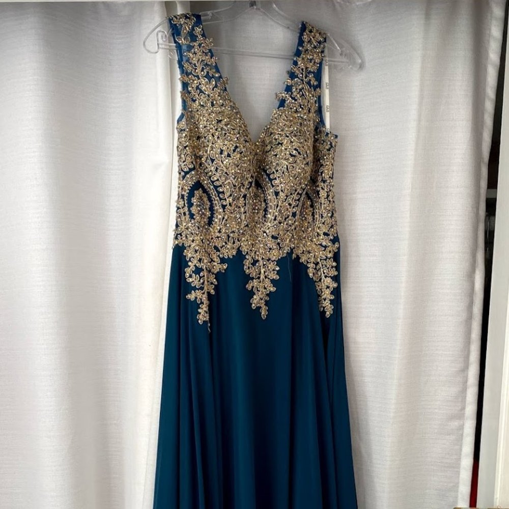 Blue Gold Jeweled prom dress